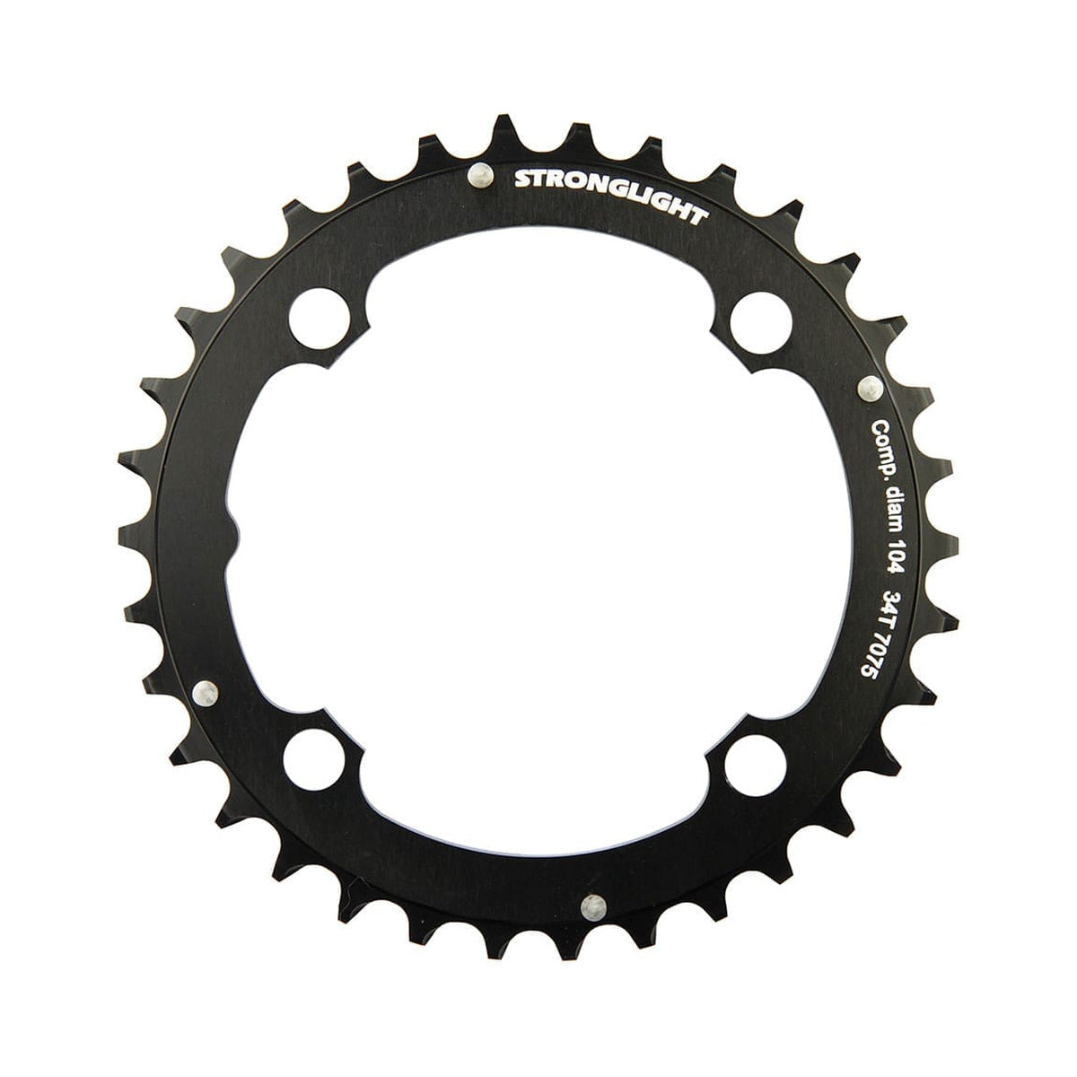 Corona intermedia STRONGLIGHT in alluminio 7075, 9 velocità, 4 fori, 104 mm — vista della corona su sfondo bianco