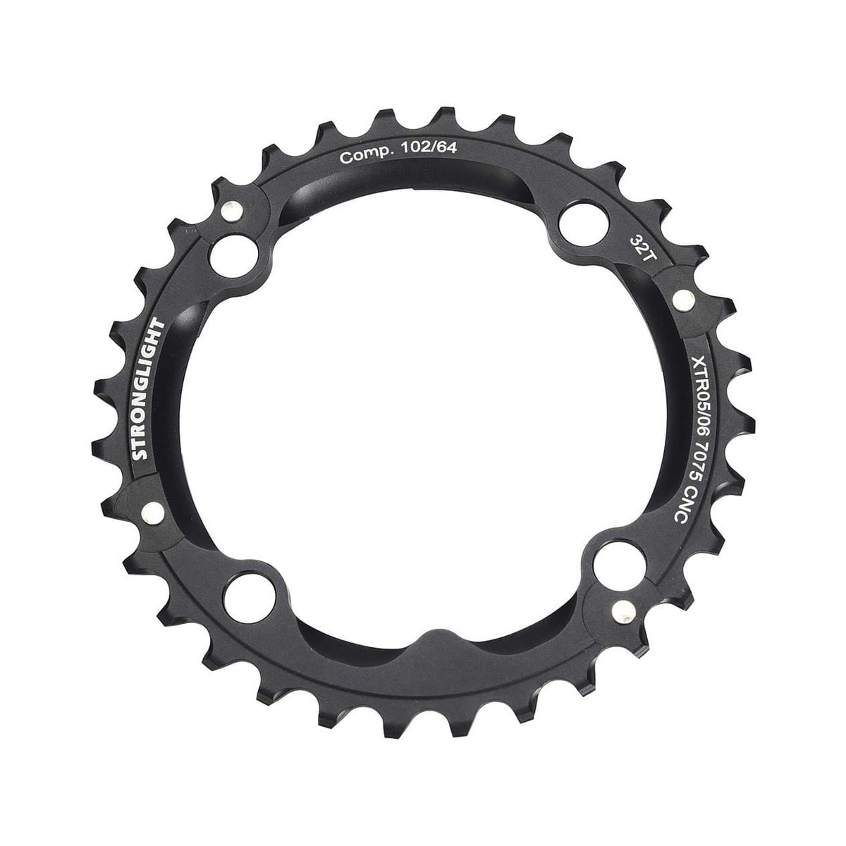 Corona intermedia STRONGLIGHT in alluminio 7075 SHIMANO XTR M960 9 velocità, 4 fori, 102 mm — vista della corona su sfondo bianco