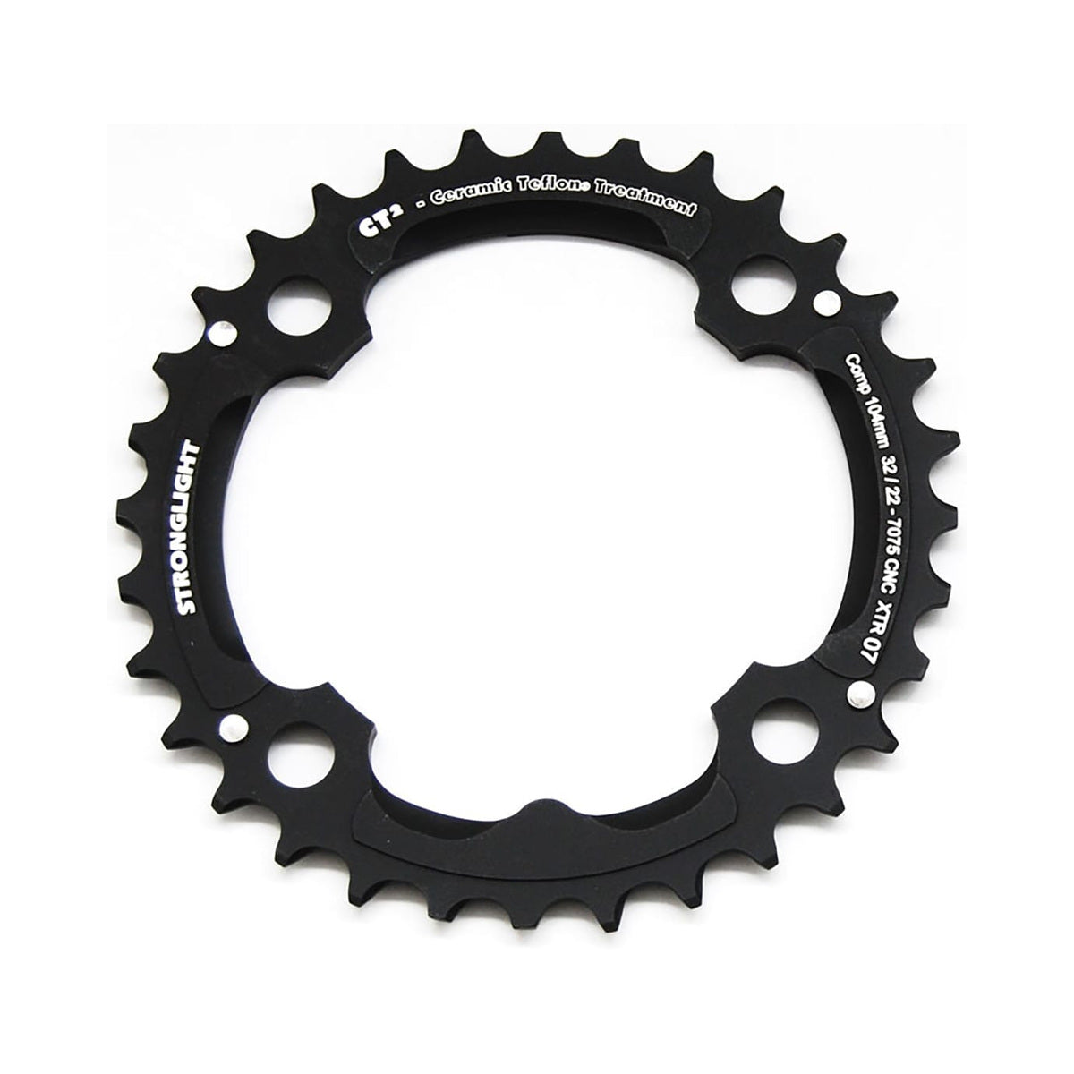 Corona intermedia STRONGLIGHT CT² SHIMANO XTR M970 9 velocità, 4 fori, 104 mm — vista della corona su sfondo bianco