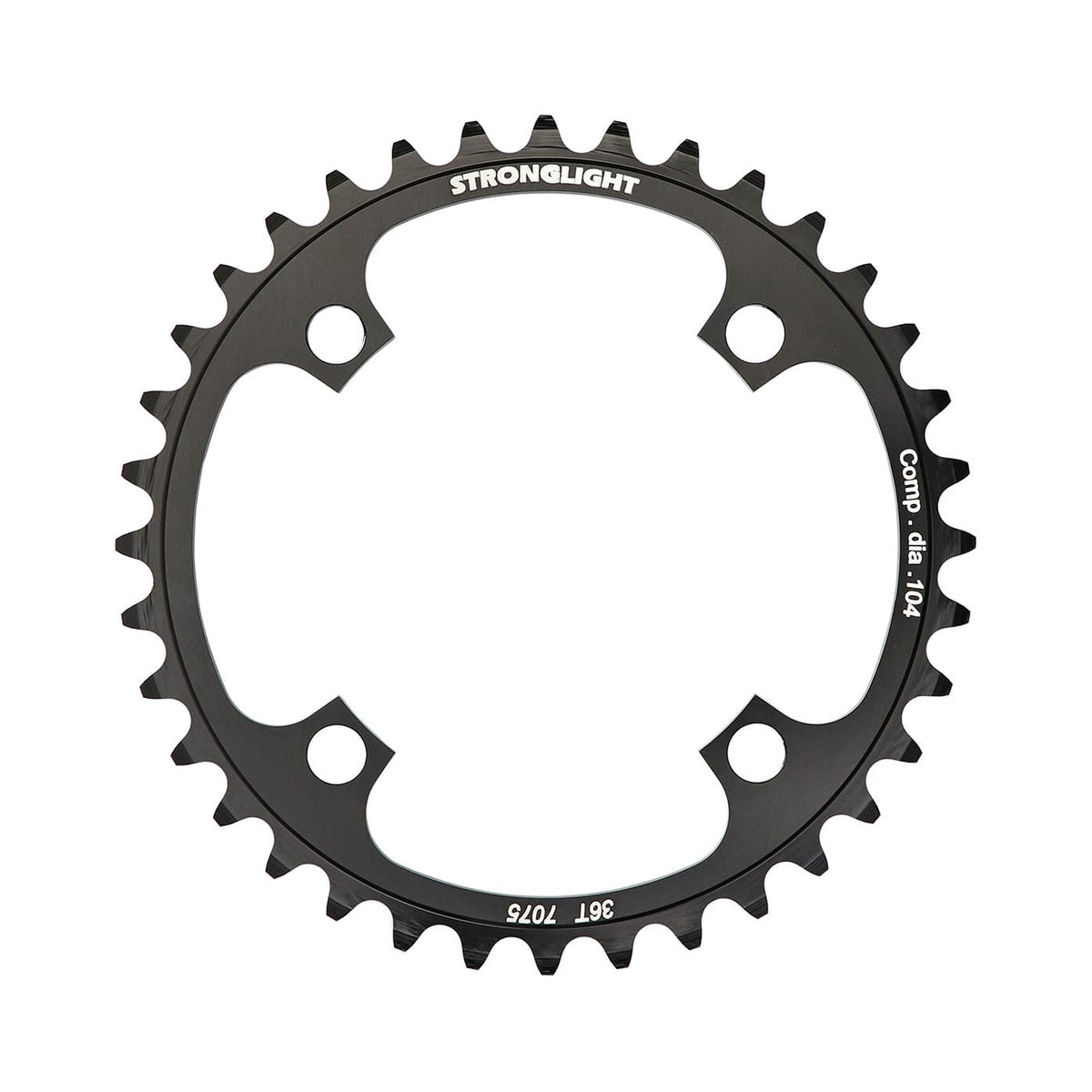 Corona monocorona STRONGLIGHT in alluminio 7075 DH 8/9 velocità, 4 fori, 104 mm — vista della corona su sfondo bianco