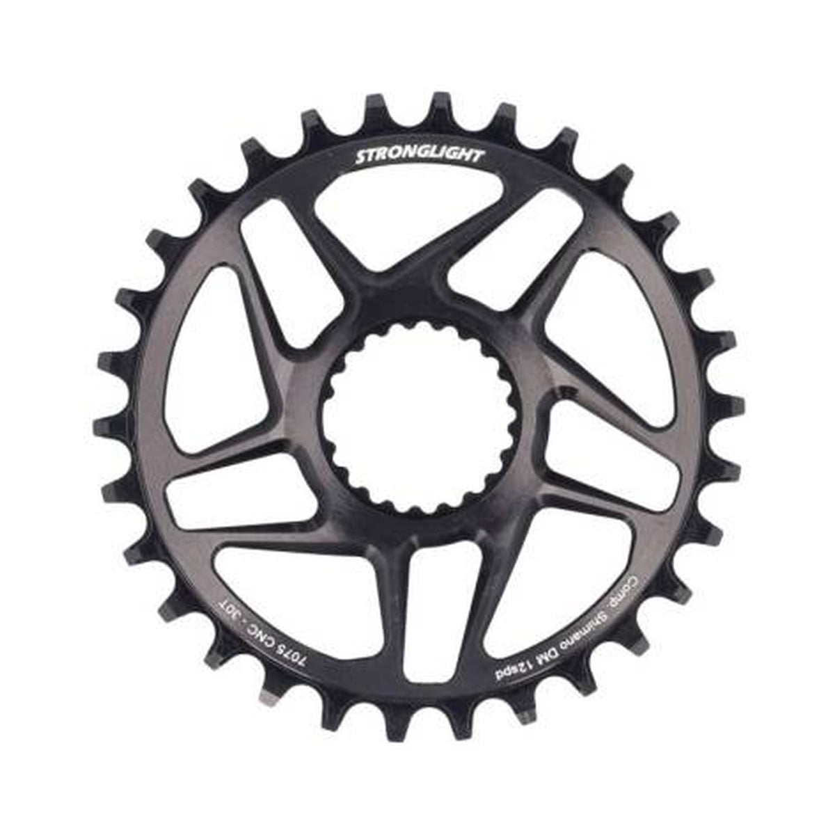 Corona monocorona STRONGLIGHT 12 velocità Shimano ad attacco diretto, nera — vista della corona su sfondo bianco