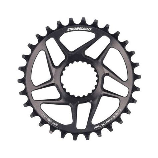 Corona monocorona STRONGLIGHT 12 velocità Shimano ad attacco diretto, nera — vista della corona su sfondo bianco