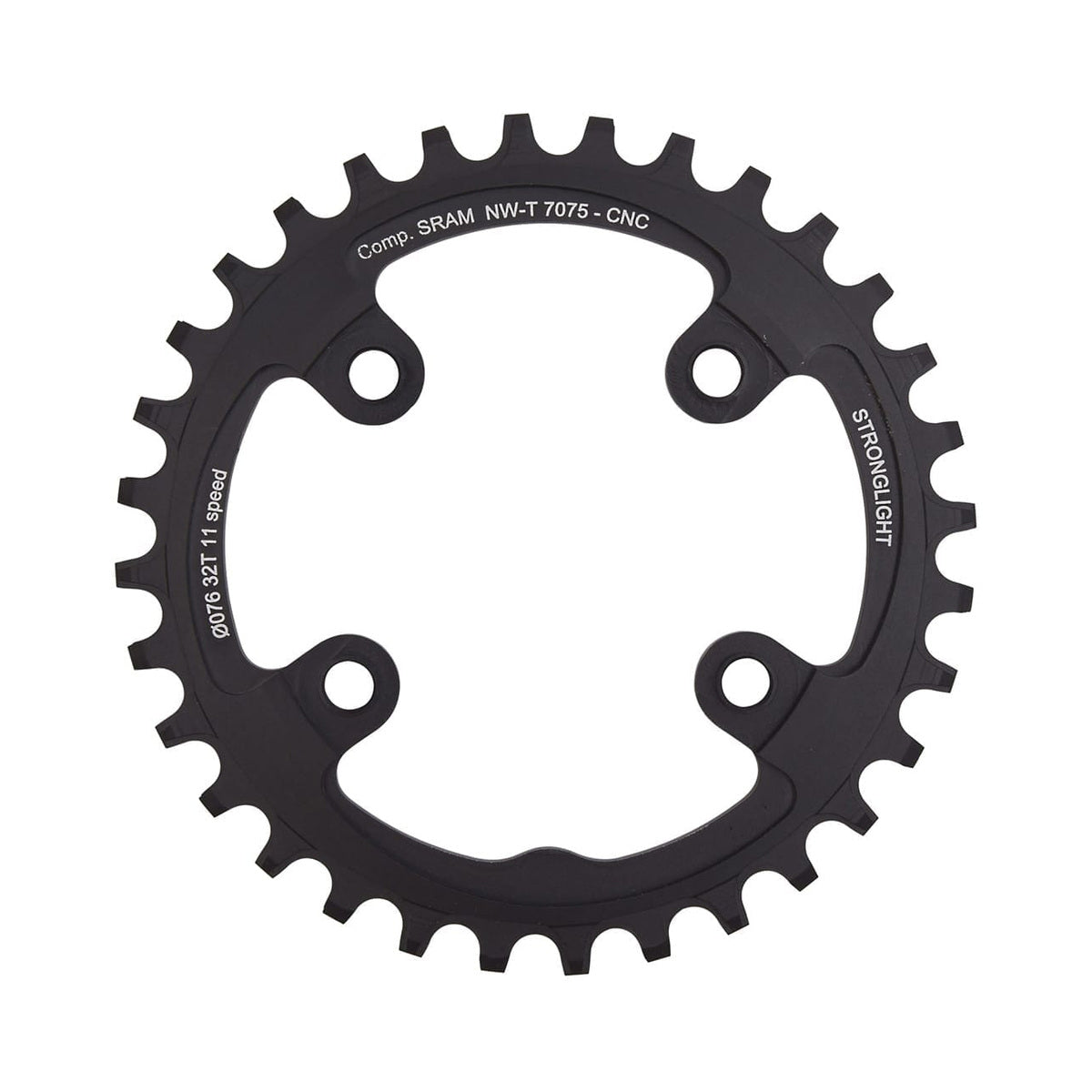 Corona monocorona STRONGLIGHT in alluminio 7075 a dentatura stretta-larga Sram XX1 11 velocità, 4 fori, 76 mm — vista della corona su sfondo bianco