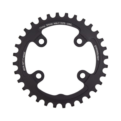 Corona monocorona STRONGLIGHT in alluminio 7075 a dentatura stretta-larga Sram XX1 11 velocità, 4 fori, 76 mm — vista della corona su sfondo bianco