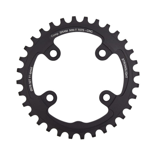 Corona monocorona STRONGLIGHT in alluminio 7075 a dentatura stretta-larga Sram XX1 11 velocità, 4 fori, 76 mm — vista della corona su sfondo bianco