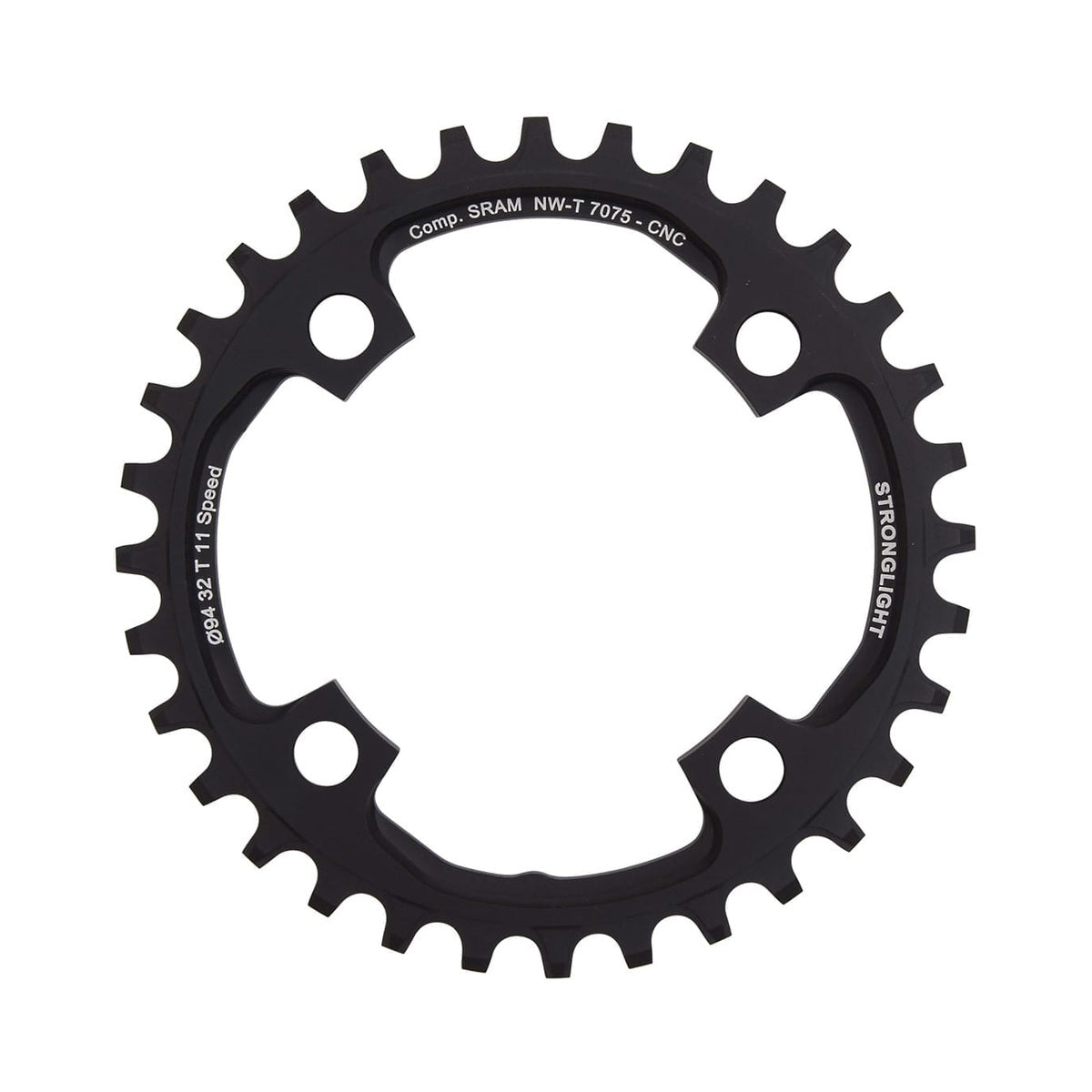 Corona monocorona STRONGLIGHT in alluminio 7075 a dentatura stretta-larga Sram X01 11 velocità, 4 fori, 94 mm — vista della corona su sfondo bianco