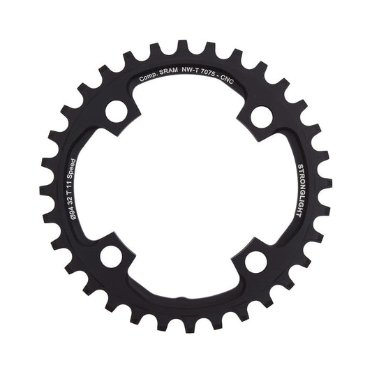 Corona monocorona STRONGLIGHT in alluminio 7075 a dentatura stretta-larga Sram X01 11 velocità, 4 fori, 94 mm — vista della corona su sfondo bianco