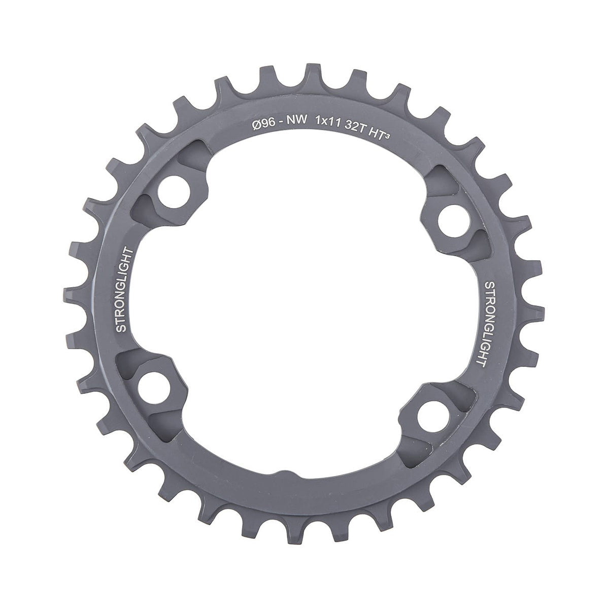 Corona monocorona STRONGLIGHT HT3 a dentatura stretta-larga Shimano XTR M9000/M9020/XT M8000 11 velocità, 4 fori, 96 mm — vista della corona su sfondo bianco