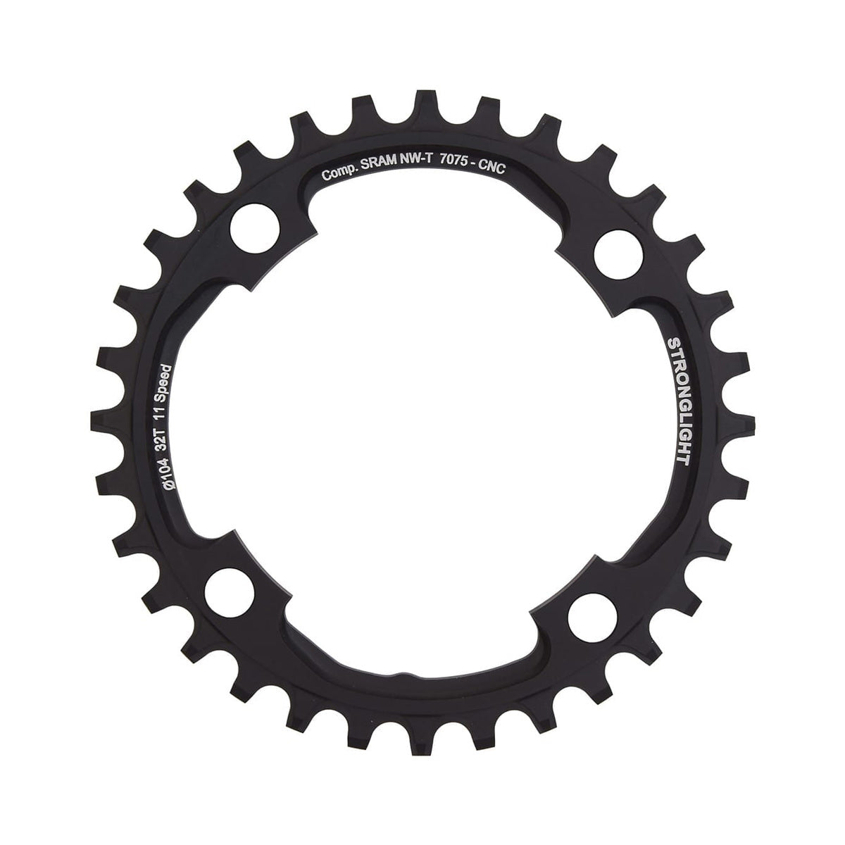 Corona monocorona STRONGLIGHT in alluminio 7075 a dentatura stretta-larga Sram X01 11 velocità, 4 fori, 104 mm — vista della corona su sfondo bianco