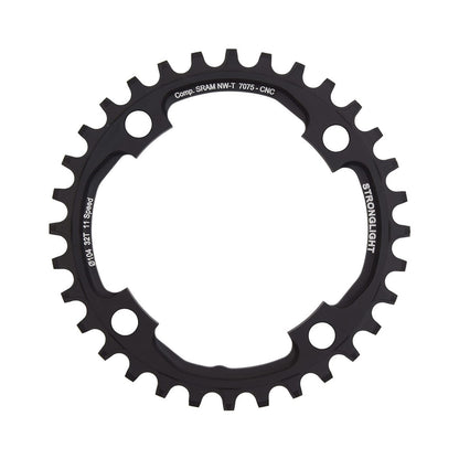Corona monocorona STRONGLIGHT in alluminio 7075 a dentatura stretta-larga Sram X01 11 velocità, 4 fori, 104 mm — vista della corona su sfondo bianco