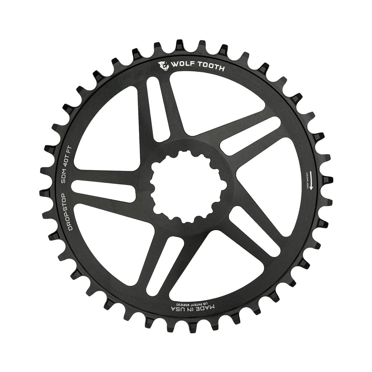 Corona monocorona WOLF TOOTH 10/11/12 velocità Sram ad attacco diretto, offset 6 mm, nera — vista della corona su sfondo bianco
