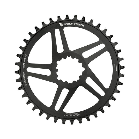 Corona monocorona WOLF TOOTH 10/11/12 velocità Sram ad attacco diretto, offset 6 mm, nera — vista della corona su sfondo bianco