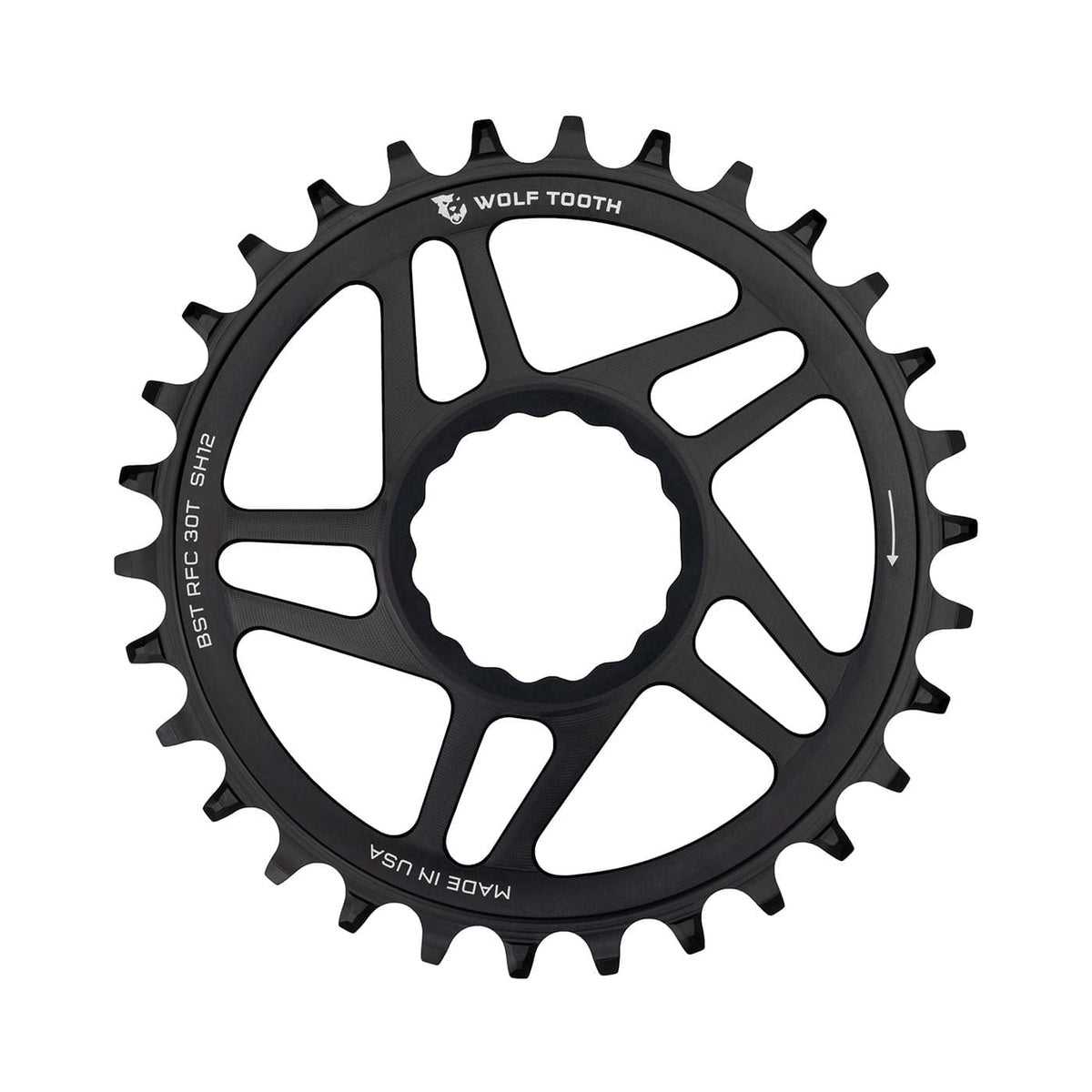 Corona monocorona WOLF TOOTH BOOST 12 velocità Raceface CINCH Shimano ad attacco diretto, offset 3 mm, nera — vista della corona su sfondo bianco