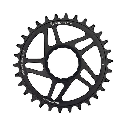 Corona monocorona WOLF TOOTH BOOST 12 velocità Raceface CINCH Shimano ad attacco diretto, offset 3 mm, nera — vista della corona su sfondo bianco