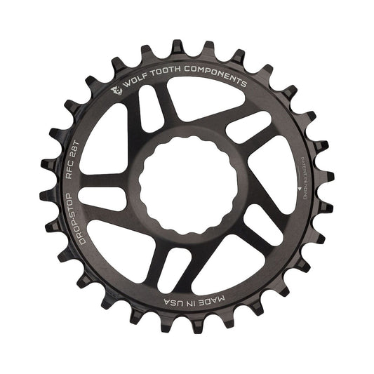 Corona monocorona WOLF TOOTH 9/10/11/12 velocità Raceface CINCH ad attacco diretto, offset 6 mm, nera — vista della corona su sfondo bianco