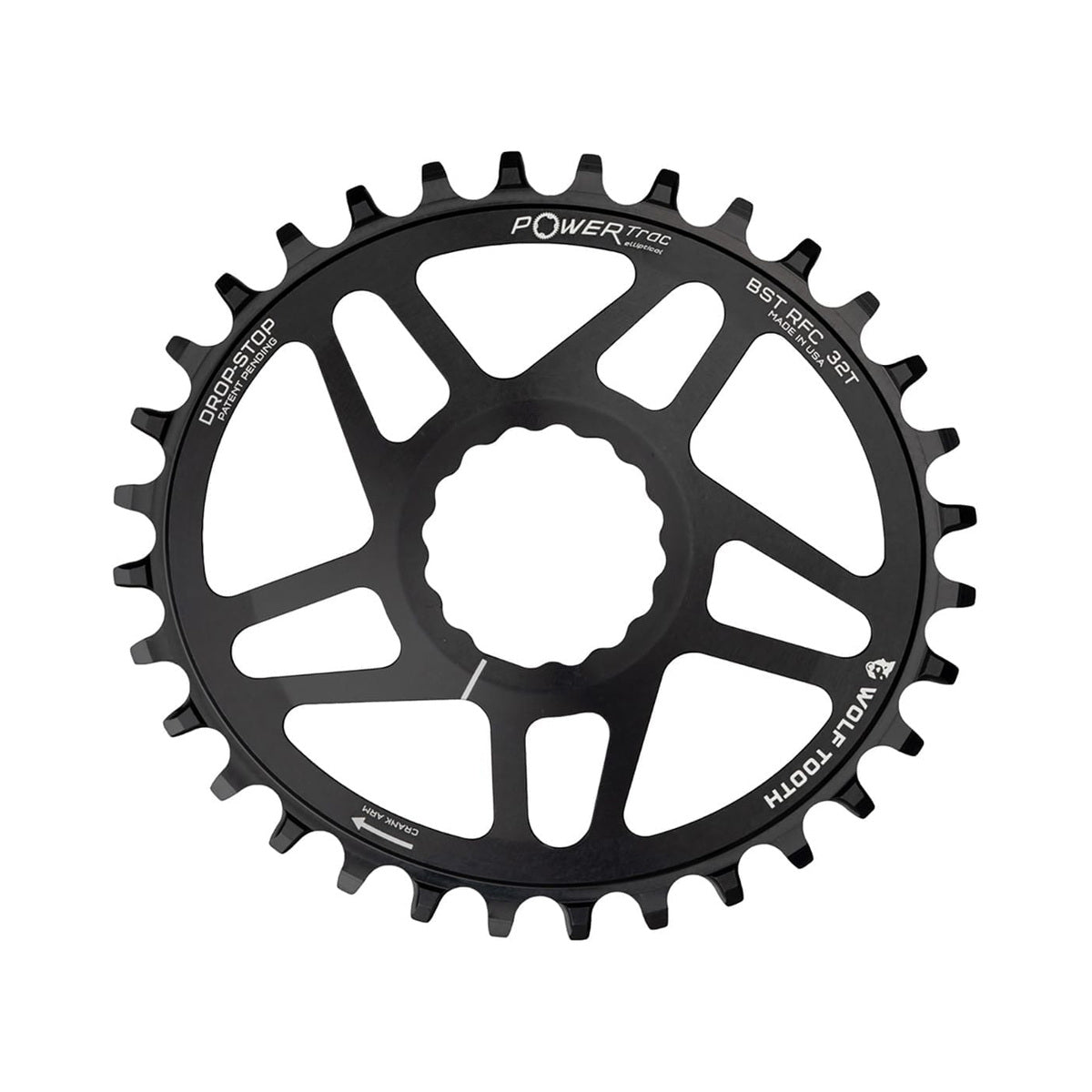 Corona monocorona ovale WOLF TOOTH ELLIPTICAL BOOST 9/10/11/12 velocità Raceface CINCH ad attacco diretto, offset 3 mm, nera — vista della corona su sfondo bianco