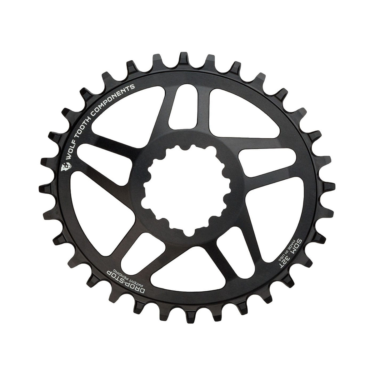Corona monocorona ovale WOLF TOOTH ELLIPTICAL 10/11/12 velocità Sram ad attacco diretto, offset 6 mm, nera — vista della corona su sfondo bianco