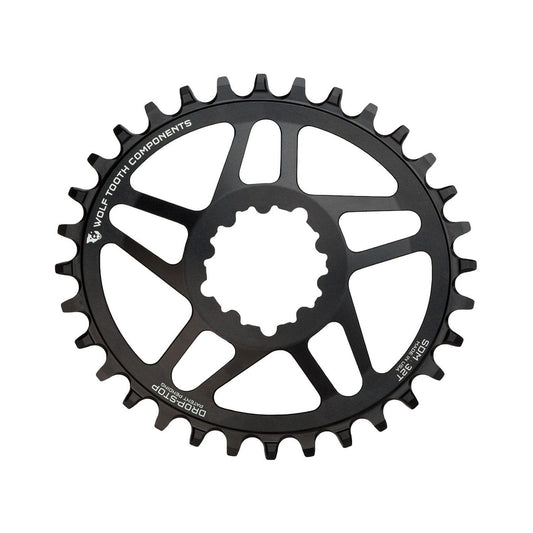 Corona monocorona ovale WOLF TOOTH ELLIPTICAL 10/11/12 velocità Sram ad attacco diretto, offset 6 mm, nera — vista della corona su sfondo bianco