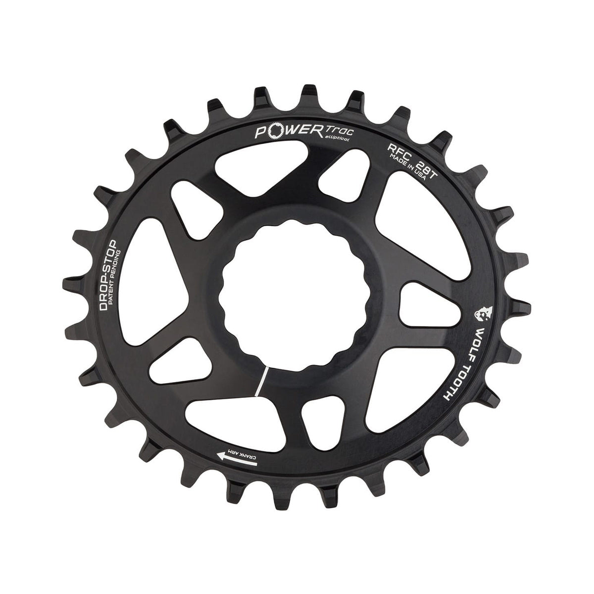 Corona monocorona ovale WOLF TOOTH ELLIPTICAL 9/10/11/12 velocità Raceface CINCH ad attacco diretto, offset 6 mm, nera — vista della corona su sfondo bianco