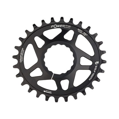 Corona monocorona ovale WOLF TOOTH ELLIPTICAL 9/10/11/12 velocità Raceface CINCH ad attacco diretto, offset 6 mm, nera — vista della corona su sfondo bianco