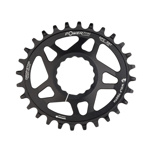 Corona monocorona ovale WOLF TOOTH ELLIPTICAL 9/10/11/12 velocità Raceface CINCH ad attacco diretto, offset 6 mm, nera — vista della corona su sfondo bianco