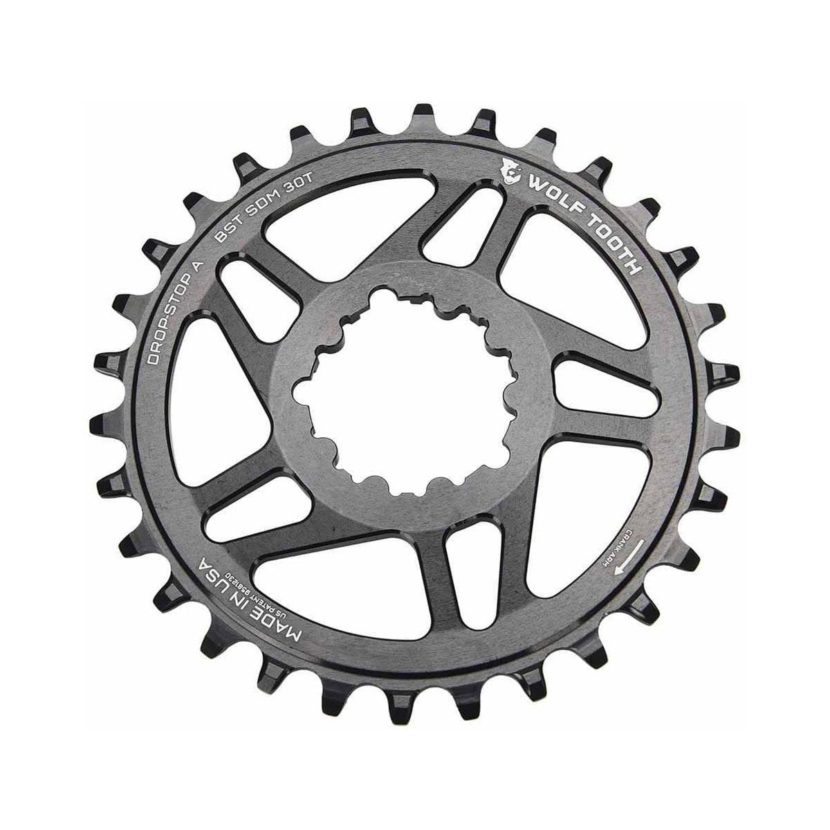 Corona monocorona WOLF TOOTH BOOST 10/11/12 velocità Sram ad attacco diretto, offset 3 mm, nera — vista della corona su sfondo bianco