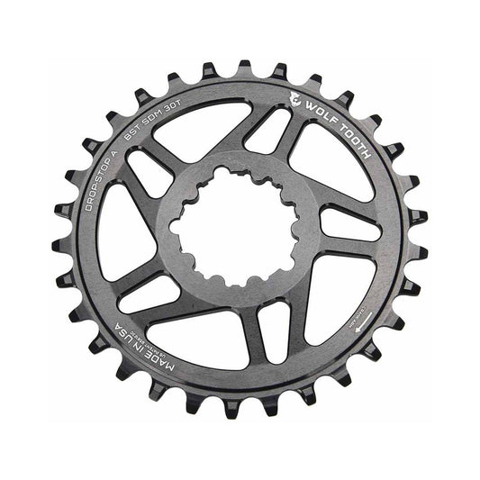Corona monocorona WOLF TOOTH BOOST 10/11/12 velocità Sram ad attacco diretto, offset 3 mm, nera — vista della corona su sfondo bianco