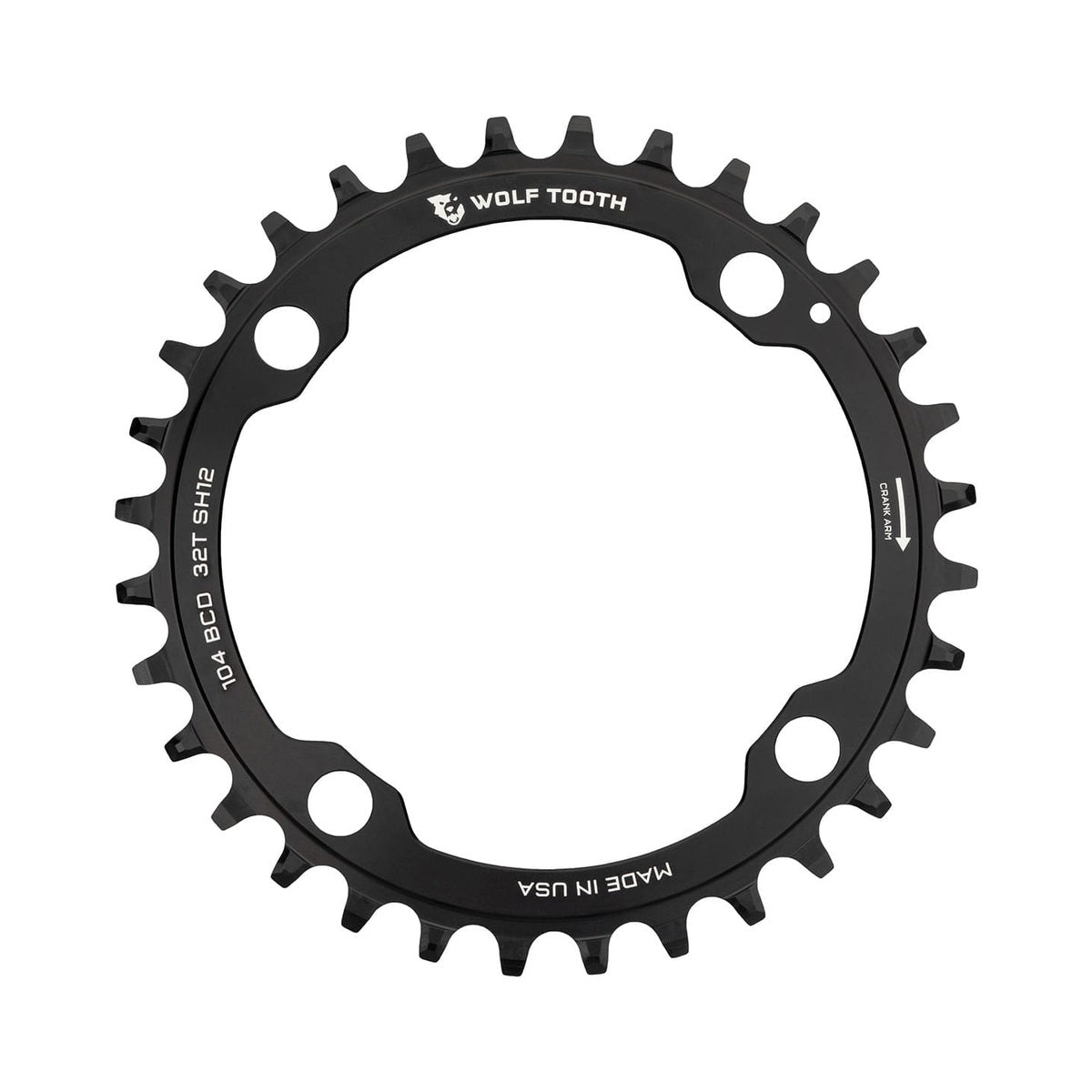 Corona monocorona WOLF TOOTH 104 BCD 12 velocità Shimano, 4 fori, 104 mm, nera — vista della corona su sfondo bianco