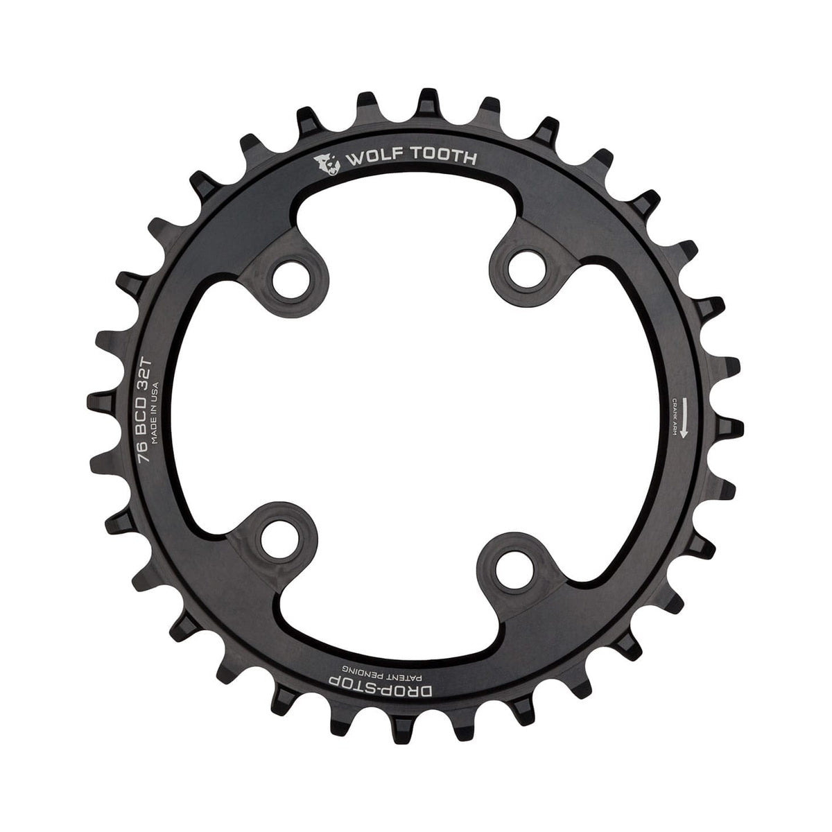 Corona monocorona WOLF TOOTH 76 BCD 10/11/12 velocità Sram XX1/Specialized STOUT, 4 fori, 76 mm, nera — vista della corona su sfondo bianco