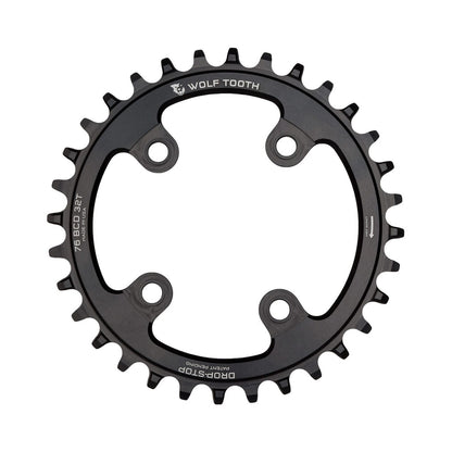 Corona monocorona WOLF TOOTH 76 BCD 10/11/12 velocità Sram XX1/Specialized STOUT, 4 fori, 76 mm, nera — vista della corona su sfondo bianco