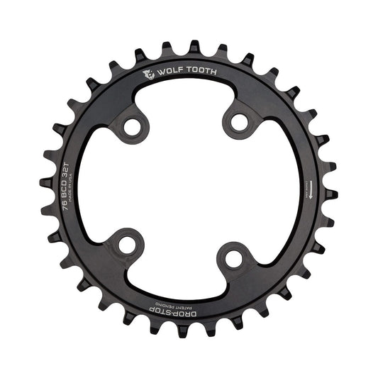 Corona monocorona WOLF TOOTH 76 BCD 10/11/12 velocità Sram XX1/Specialized STOUT, 4 fori, 76 mm, nera — vista della corona su sfondo bianco