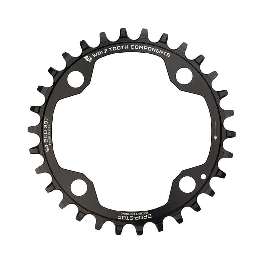 Corona monocorona WOLF TOOTH 94 BCD 10/11 velocità Sram X01/X1/GX/NX, 4 fori, 94 mm, nera — vista della corona su sfondo bianco