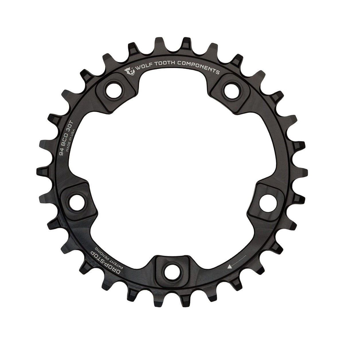 Corona monocorona WOLF TOOTH 94 BCD 9/10/11/12 velocità, 5 fori, 94 mm, nera — vista della corona su sfondo bianco