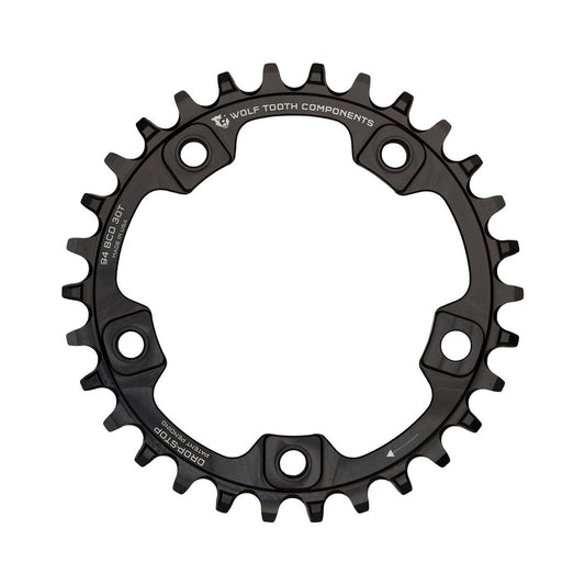 Corona monocorona WOLF TOOTH 94 BCD 9/10/11/12 velocità, 5 fori, 94 mm, nera — vista della corona su sfondo bianco
