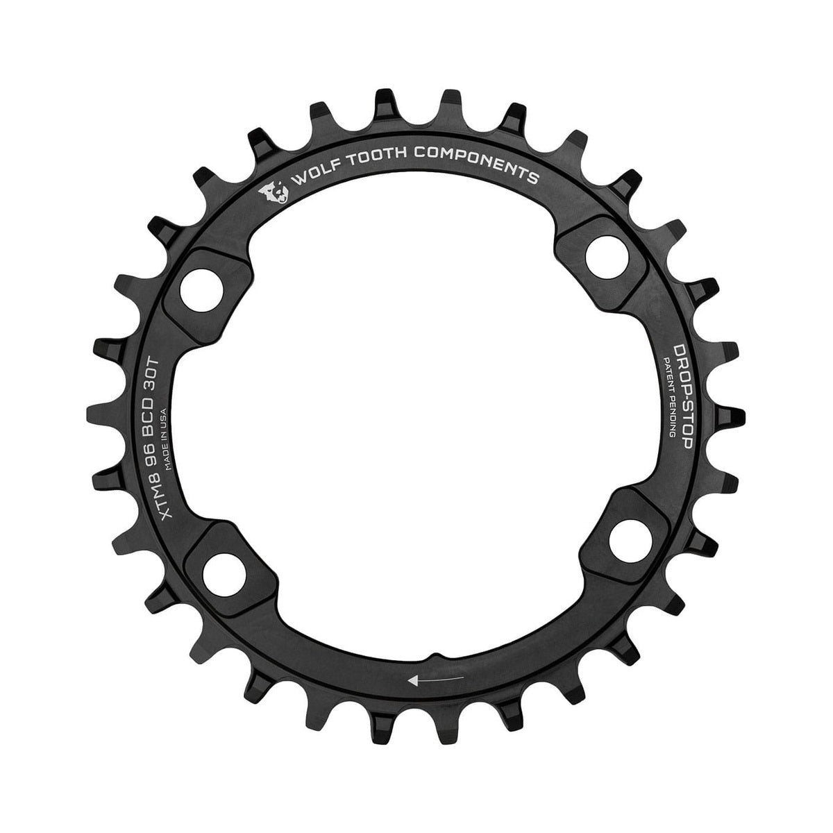 Corona monocorona WOLF TOOTH 96 BCD 11 velocità Shimano XT M8000/SLX M7000, 4 fori, 96 mm, nera — vista della corona su sfondo bianco