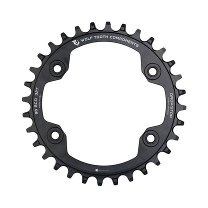 Corona monocorona WOLF TOOTH 96 BCD 11 velocità Shimano XTR M9000/M9020, 4 fori, 96 mm, nera — vista della corona su sfondo bianco