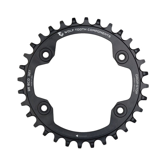 Corona monocorona WOLF TOOTH 96 BCD 11 velocità Shimano XTR M9000/M9020, 4 fori, 96 mm, nera — vista della corona su sfondo bianco