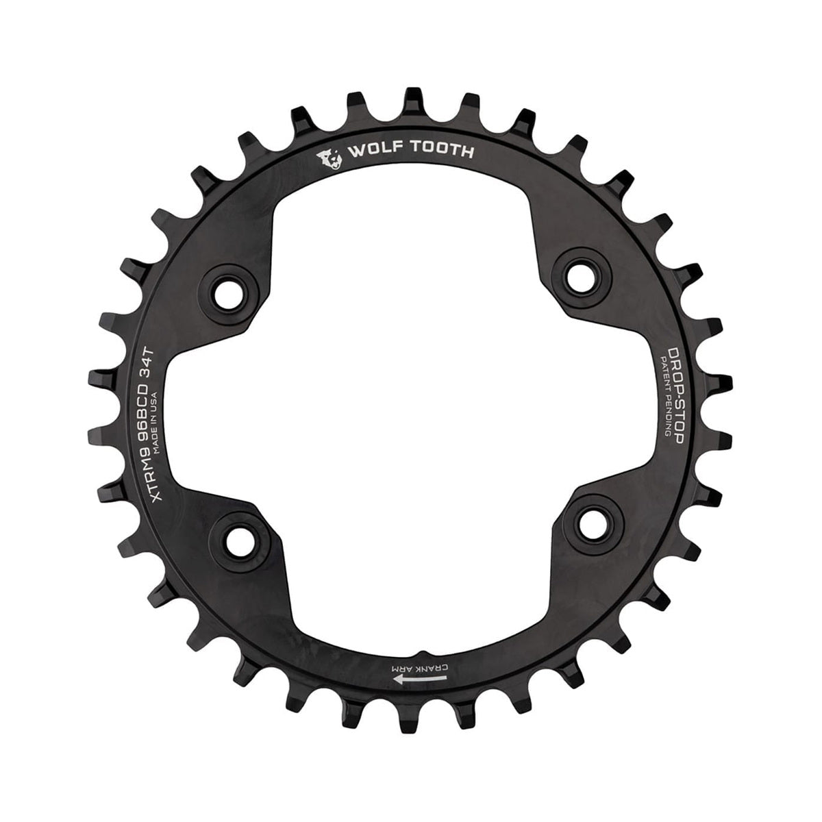 Corona monocorona WOLF TOOTH 96 BCD 9/10/11/12 velocità Shimano XTR M9000/M9020, 4 fori, 96 mm, nera — vista della corona su sfondo bianco