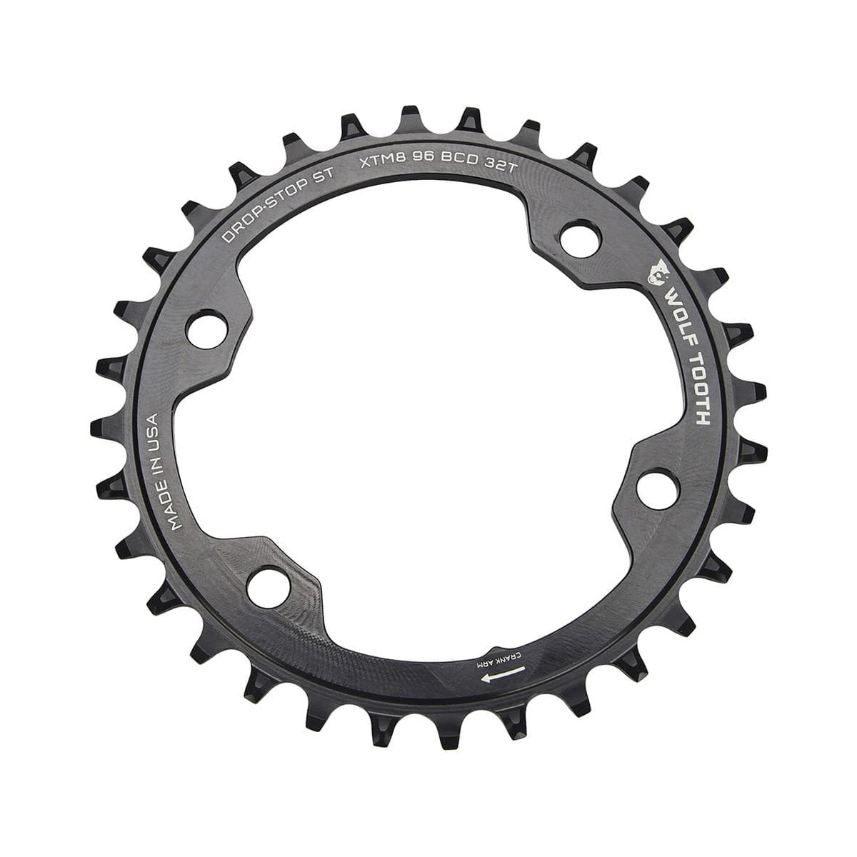 Corona monocorona WOLF TOOTH 96 BCD 12 velocità Shimano, 4 fori, 96 mm, nera — vista della corona su sfondo bianco