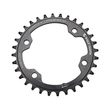 Corona monocorona WOLF TOOTH 96 BCD 12 velocità Shimano, 4 fori, 96 mm, nera — vista della corona su sfondo bianco