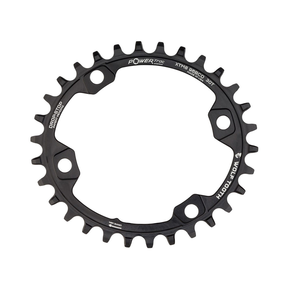 Corona monocorona ovale WOLF TOOTH ELLIPTICAL 96 BCD 11 velocità Shimano XT M8000/SLX M7000, 4 fori, 96 mm, nera — vista della corona su sfondo bianco