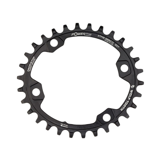 Corona monocorona ovale WOLF TOOTH ELLIPTICAL 96 BCD 11 velocità Shimano XT M8000/SLX M7000, 4 fori, 96 mm, nera — vista della corona su sfondo bianco