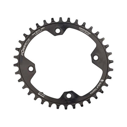 Corona monocorona ovale WOLF TOOTH ELLIPTICAL 104 BCD 12 velocità Shimano, 4 fori, 104 mm, nera — vista della corona su sfondo bianco