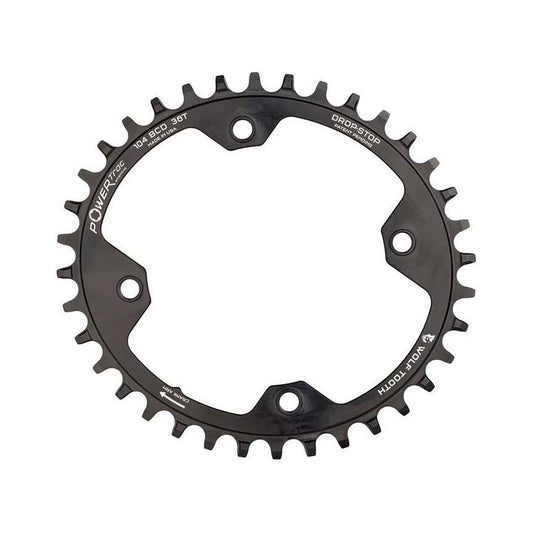 Corona monocorona ovale WOLF TOOTH ELLIPTICAL 104 BCD 12 velocità Shimano, 4 fori, 104 mm, nera — vista della corona su sfondo bianco