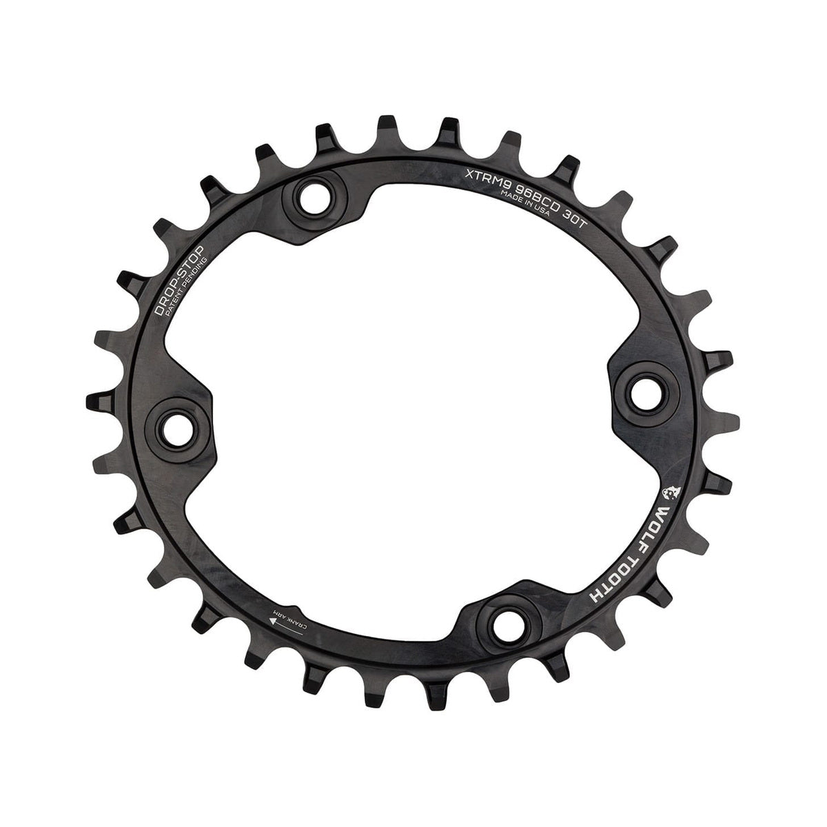 Corona monocorona ovale WOLF TOOTH ELLIPTICAL 96 BCD 11 velocità Shimano XTR M9000/9020, 4 fori, 96 mm, nera — vista della corona su sfondo bianco