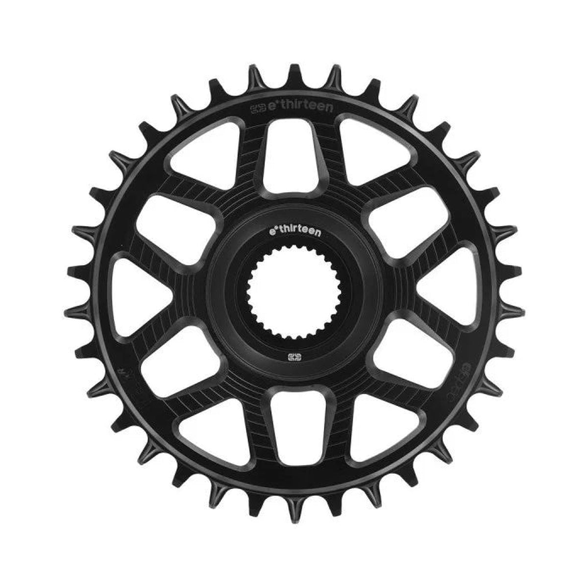 Corona monocorona E-THIRTEEN HELIX RACE E-SPEC 11/12 velocità a montaggio diretto Bosch Gen4, disassamento 15 mm, nera — vista della corona su sfondo bianco