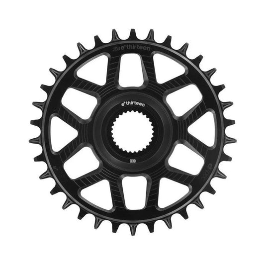 Corona monocorona E-THIRTEEN HELIX RACE E-SPEC 11/12 velocità a montaggio diretto Bosch Gen4, disassamento 15 mm, nera — vista della corona su sfondo bianco