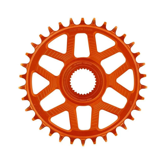 Corona monocorona E-THIRTEEN HELIX RACE E-SPEC 11/12 velocità a montaggio diretto Bosch Gen4, disassamento 13 mm, arancione — vista della corona su sfondo bianco