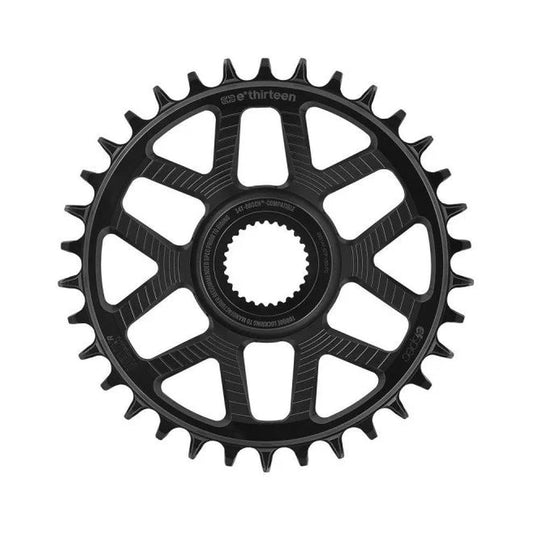 Corona monocorona E-THIRTEEN HELIX RACE E-SPEC 11/12 velocità a montaggio diretto Bosch Gen4, disassamento 13 mm, nera — vista della corona su sfondo bianco
