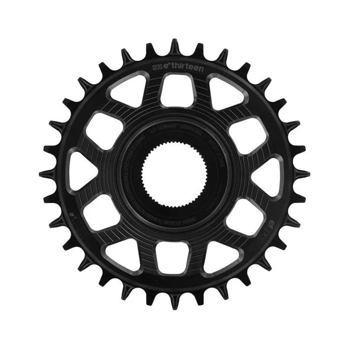 Corona monocorona E-THIRTEEN HELIX RACE E-SPEC 11/12 velocità a montaggio diretto Shimano EP8, nera — vista della corona su sfondo bianco